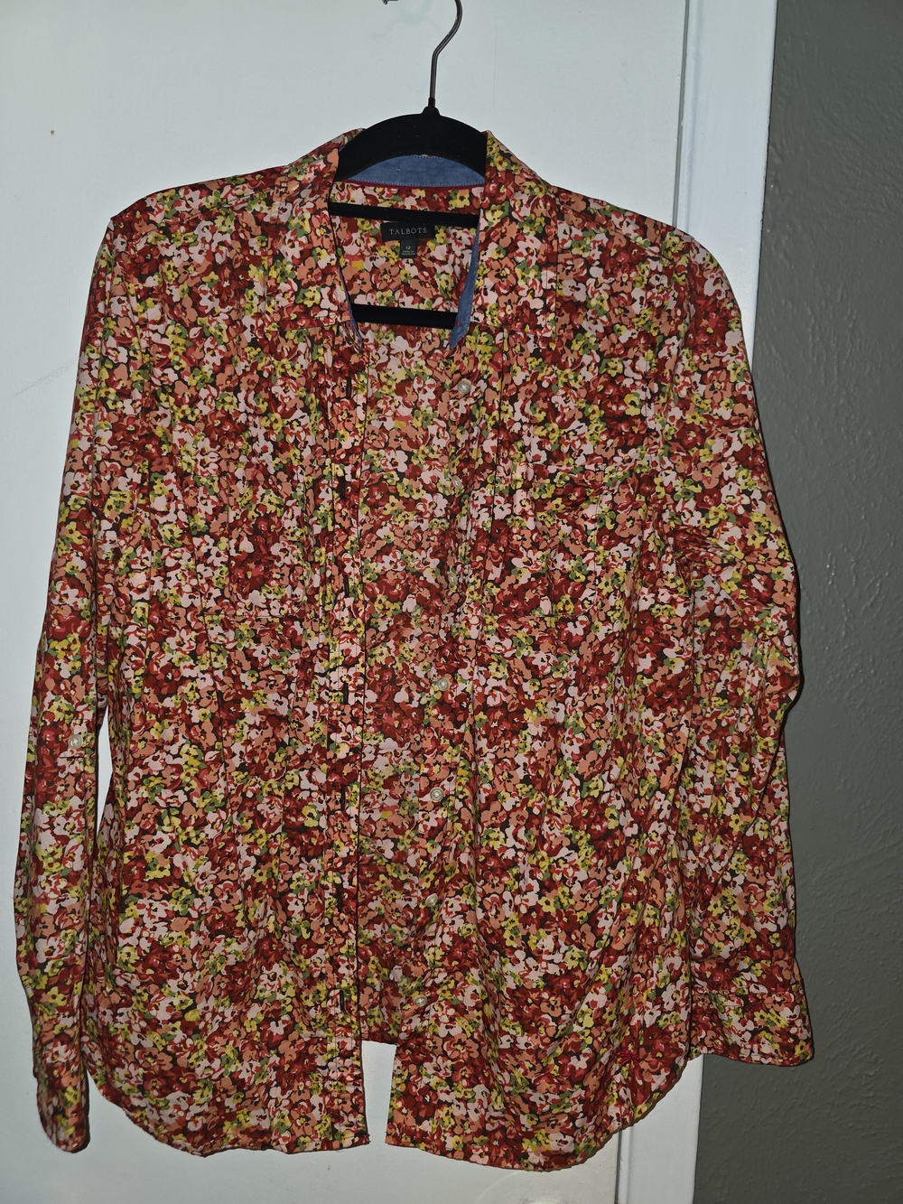 Women's Talbots Floral Button Up Shirt In Coral Red & Yellow Size 12 - Picture 2 of 3